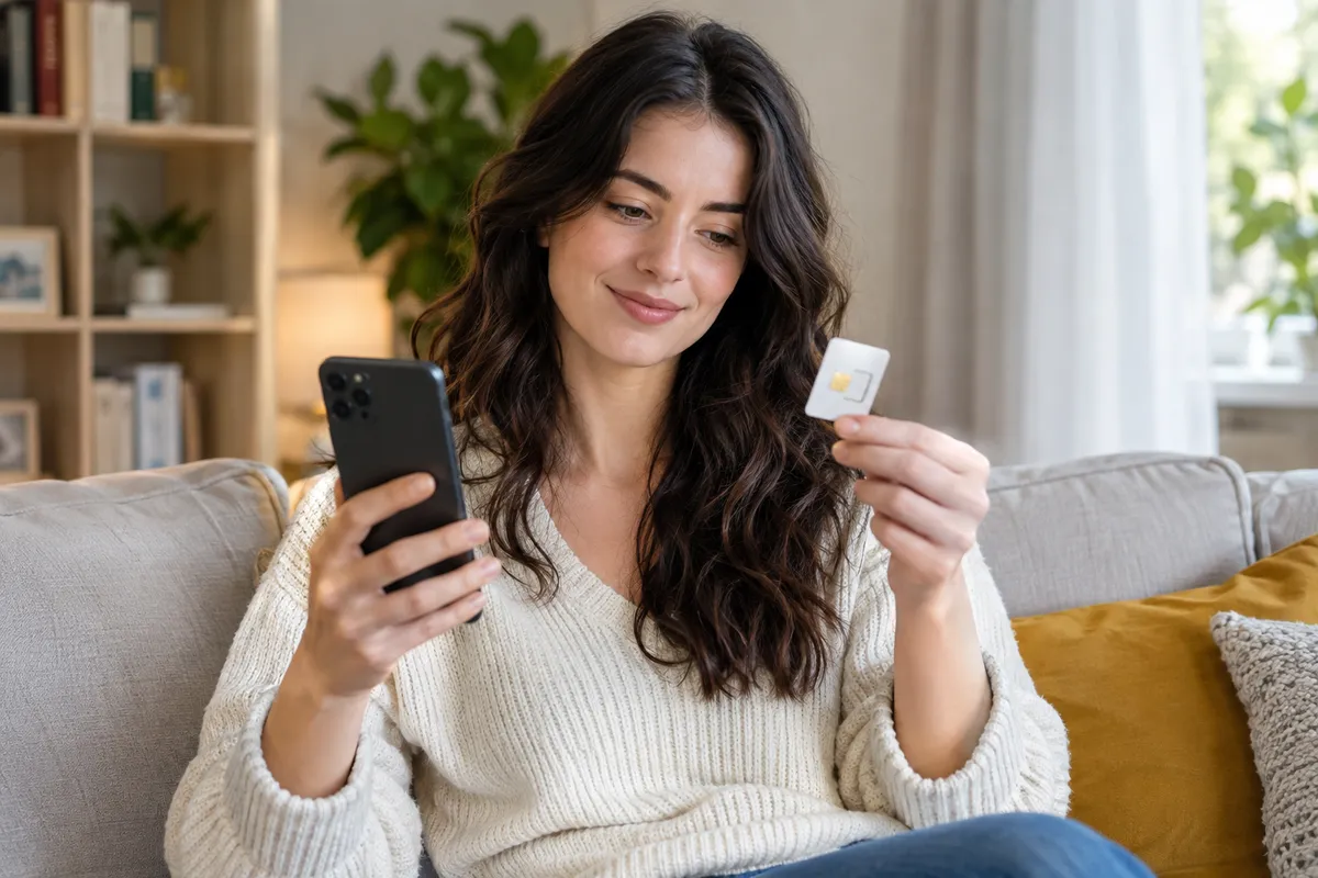 Женщина дома со смартфоном и SIM-картой